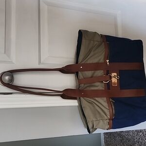Sword & Plough blue and Tan large Tote Bag with Brown Straps